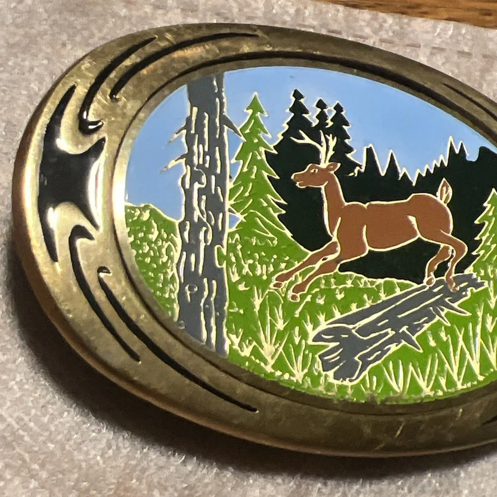 Vintage 1983 NAP Inc Solid Brass Belt Buckle–Enameled Leaping Deer Forest Scene